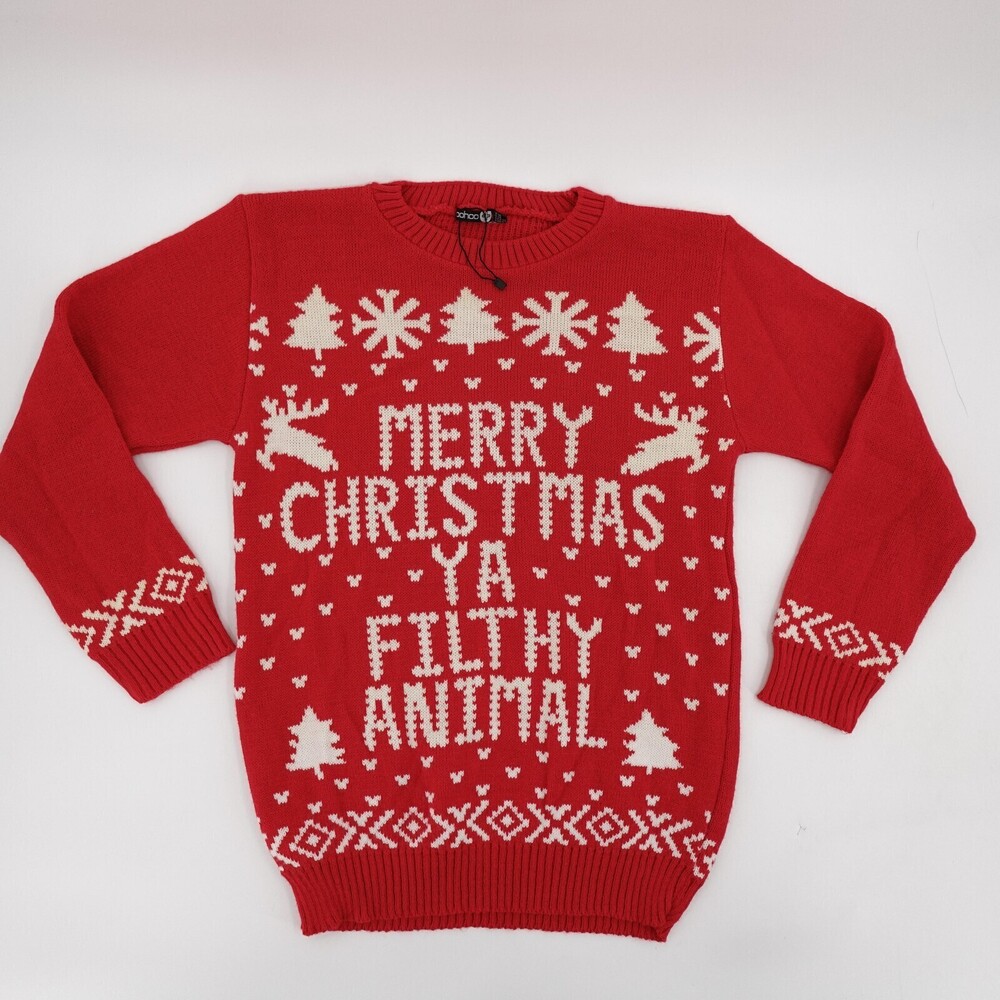 Boohoo Sweater Womens Teens 14 Red Merry Christmas Ya Filthy Animal Knit